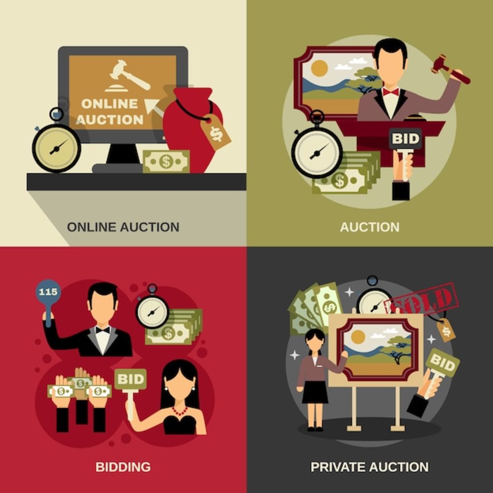 拍賣概念圖標集 詮釋現代拍賣業務的核心元素